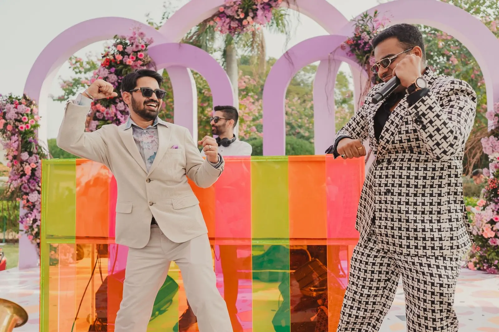 Chirag Vithalani dancing with the groom at Jinali and Harshit's wedding, Rambagh Palace